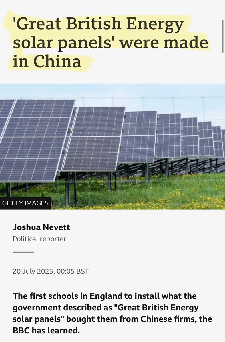 SOLAR LIE- Solar panels GB Energy supplies for schools came from China. And? This isn’t new.

 Without China’s coal-fired factories, the Net Zero dream collapses overnight. 

🤡 Solar Panels: 80% of the world’s solar panels are made in China using coal power

🤡Lithium