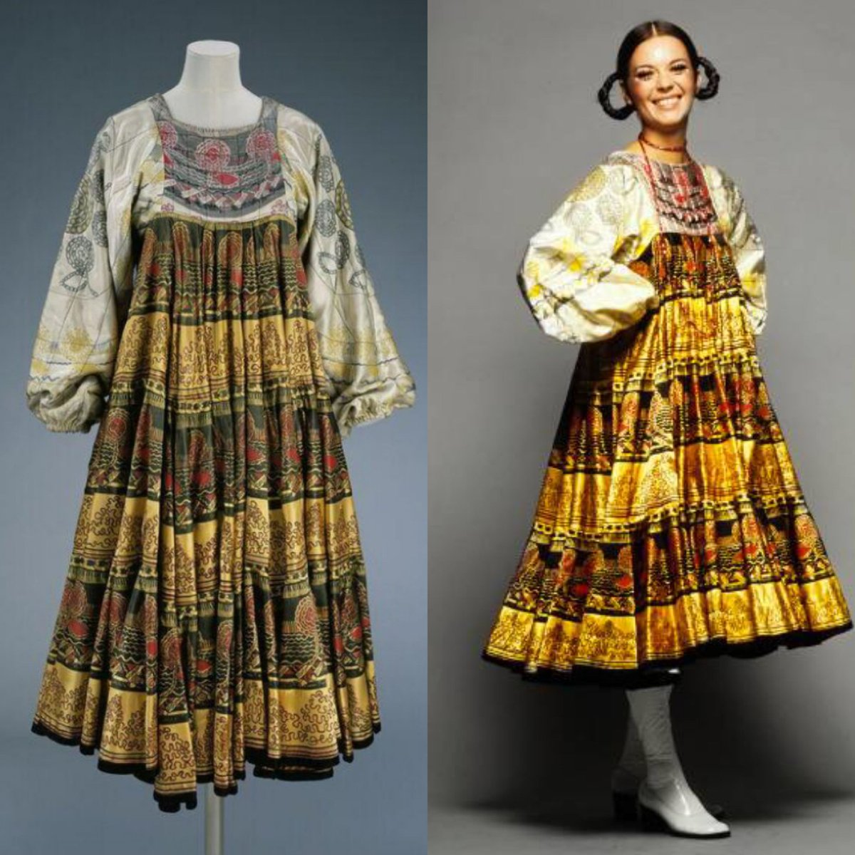 vickyhaddock's tweet image. American actress Natalie Wood was born #OnThisDay in 1938. She was photographed by Gianni Penati for Vogue in 1970, modelling this c. 1969-70 Zandra Rhodes designed screen-printed quilted dress, featuring motifs from Rhodes' Knitted Circle textile prints. @V_and_A #fashionhistory