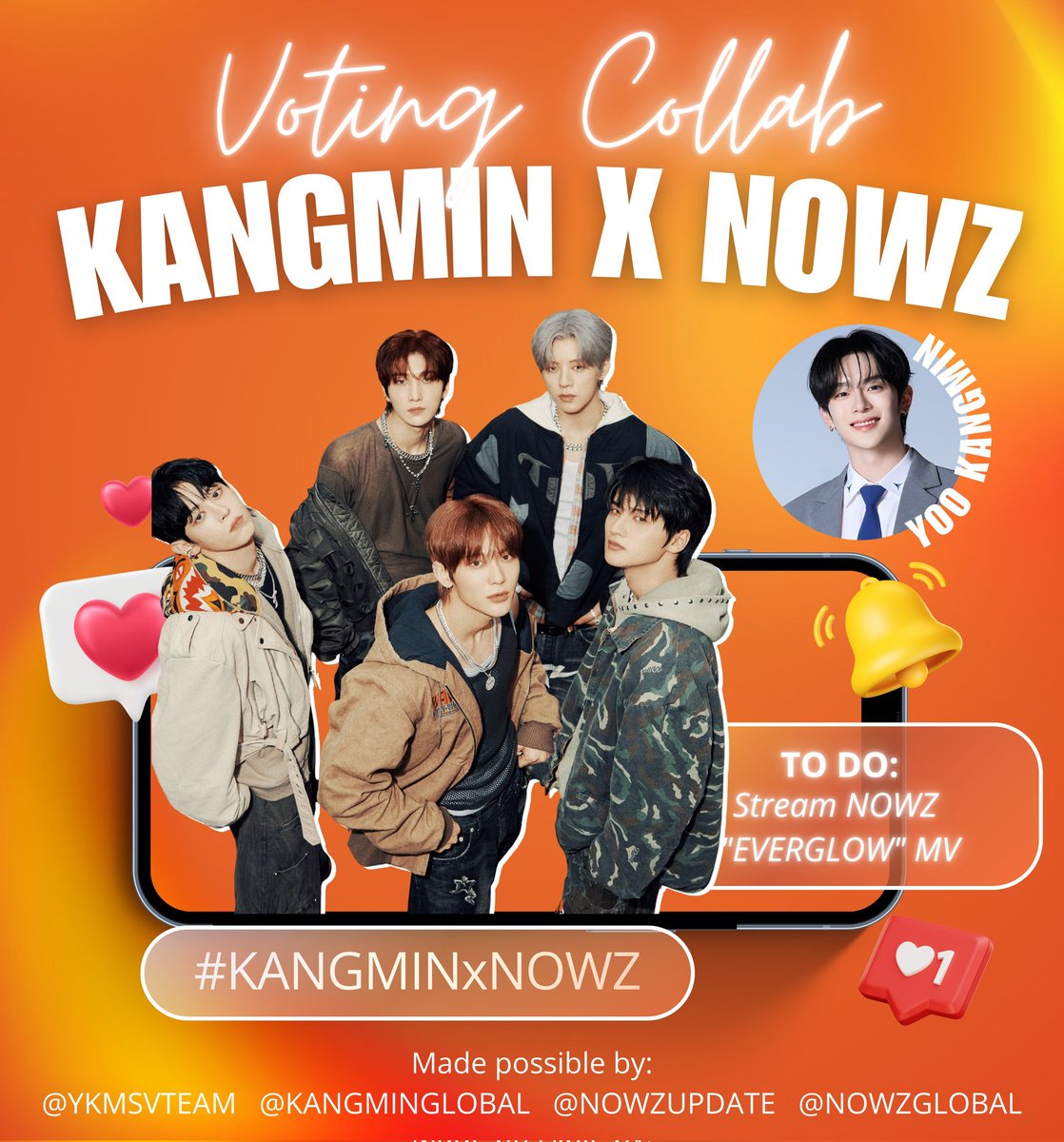 YKMSVTEAM's tweet photo. [📢] 

STREAMING &amp; VOTING COLLAB 
#KANGMINxNOWZ ✨

Stream 'NOWZ - EVERGLOW' Official MV 👉🏻 <https://t.co/L8fLp5xYm0>

Stream 'IGNITON ALBUM' on Spotify 👉🏻 <https://t.co/pOALzoAIWz>

In return, DAY_ANDs will be voting for YOO KANGMIN on <BOYS II PLANET K> 🗳️ https://t.co/zAI9UseTFu