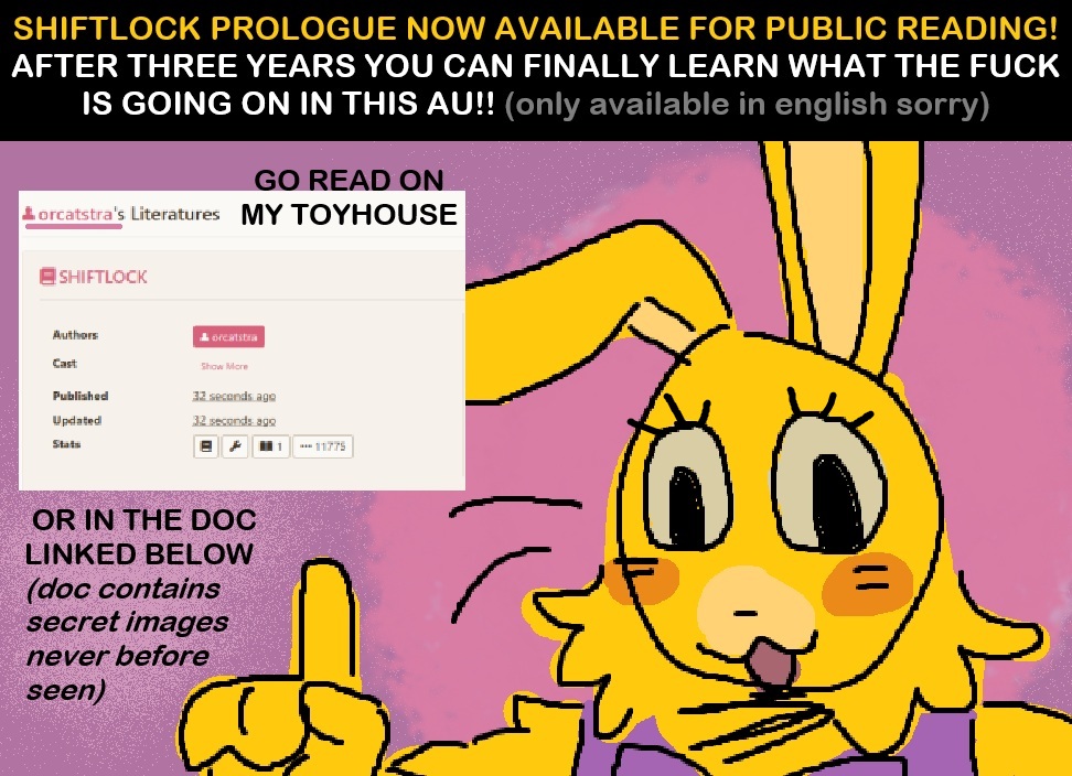 orcatstra's tweet image. 🎉🎊THE PROLOGUE (aka CHAPTER 0) TO MY #FNAF AU IS NOW PUBLIC!!! YAY🎊🎉

You can either read it on my Toyhouse or by viewing the document (shared below)!!

I&apos;ll also post a video summary on YT for those who don&apos;t have the time to read it!!

[ #shiftlockau, #fnafau ]