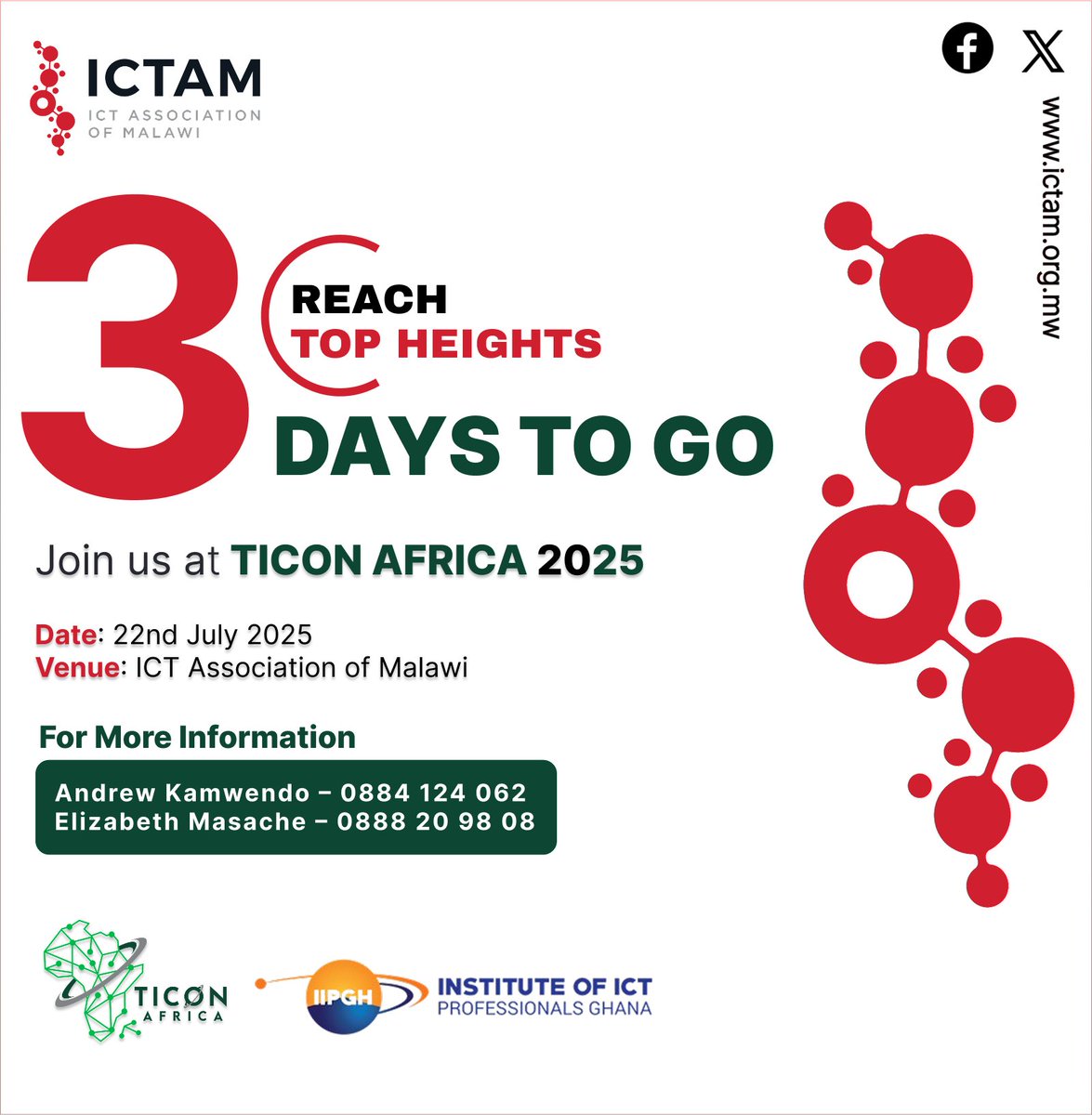 🚨 3 DAYS TO GO!
TICON AFRICA 2025 is coming up fast!
📅 22nd July 2025
📍 ICT Association of Malawi
Register: ticonafrica.org/2025-ticon-afr…

Let’s REACH TOP HEIGHTS in African tech innovation 🚀🌍

#TICONAfrica2025 #ICTAM #AfricaTech #TechInMalawi