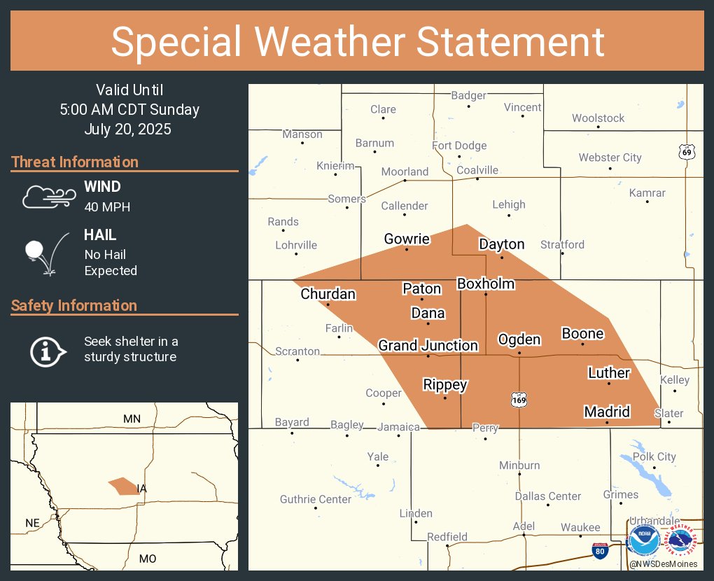NWSDesMoines's tweet image. A special weather statement has been issued for Boone IA, Madrid IA and Ogden IA until 5:00 AM CDT