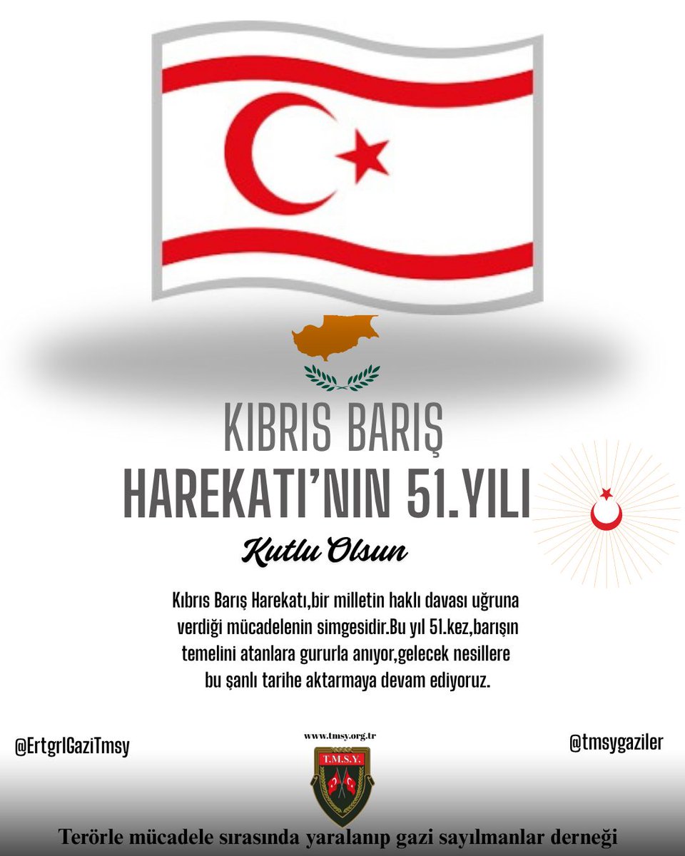 T.M.S.Y GAZİ SAYILMAYANLAR (@tmsygaziler) on Twitter photo 20 Temmuz 1974 tarihinde Türkiye Cumhuriyeti tarafından gerçekleştirilen Kıbrıs Barış Harekâtı’nın 51’inci yıldönümünün gururunu yaşıyoruz.
<a href="/TmsyGaziler/">T.M.S.Y GAZİ SAYILMAYANLAR</a> vatan evlatları olarak Kıbrıs Türk halkının ‘Barış ve Özgürlük Bayramı’nı kutluyoruz.
<a href="/ErtugrlGaziTmsy/">ERTUĞRUL GAZİ DEMİR</a> 20 Temmuz 1974 tarihinde Türkiye Cumhuriyeti tarafından gerçekleştirilen Kıbrıs Barış Harekâtı’nın 51’inci yıldönümünün gururunu yaşıyoruz.
<a href="/TmsyGaziler/">T.M.S.Y GAZİ SAYILMAYANLAR</a> vatan evlatları olarak Kıbrıs Türk halkının ‘Barış ve Özgürlük Bayramı’nı kutluyoruz.
<a href="/ErtugrlGaziTmsy/">ERTUĞRUL GAZİ DEMİR</a>