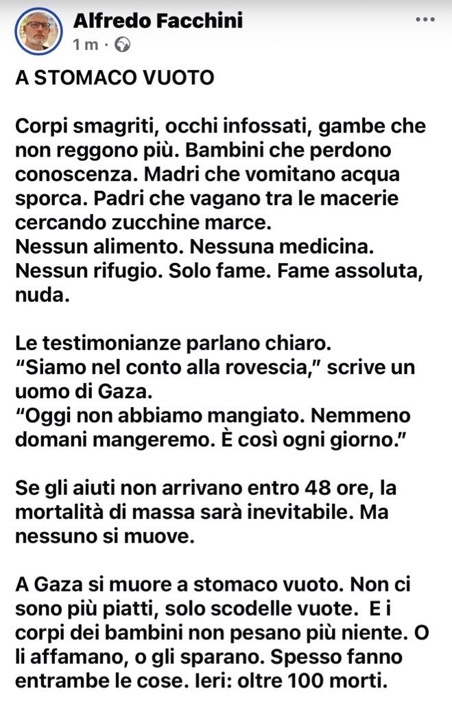 streetcnina's tweet image. A STOMACO VUOTO
Corpi smagriti, occhi infossati, gambe che non reggono più. Bambini che perdono conoscenza. Madri che vomitano acqua sporca. Padri che vagano tra le macerie cercando zucchine marce.
Nessun alimento. Nessuna medicina. Nessun rifugio. Solo fame.
#Gaza