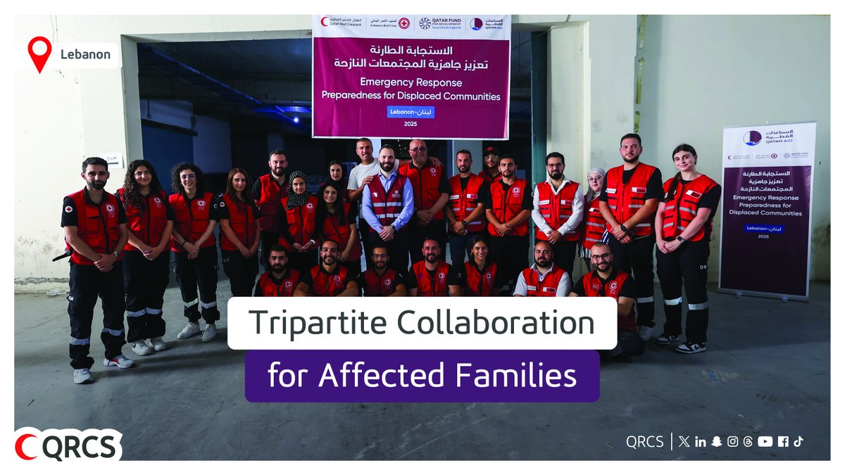 QRCS's tweet image. As part of Emergency Response – Preparedness for Displaced Communities in Lebanon, @qatar_fund delegation, together with personnel of @QRCS & @RedCrossLebanon , distribute food parcels & hygiene kits to meet needs of 10,400 families affected by recent incidents