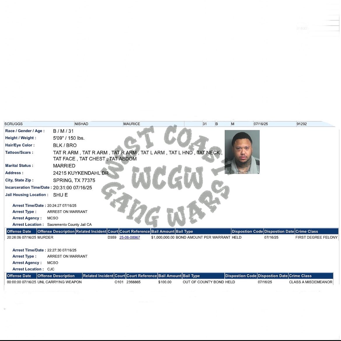 WestCoastGangW's tweet image. Oak Park Blood/Mozzy member “Scruggs” has been taken into custody for the murder of rapper Shooter gang VJ that occurred in Houston. VJ was also a blood from Oak Park but from a rival clique.
Scruggs’ bail is set at a million dollars.
#WestCoastGangWars #Sacramento