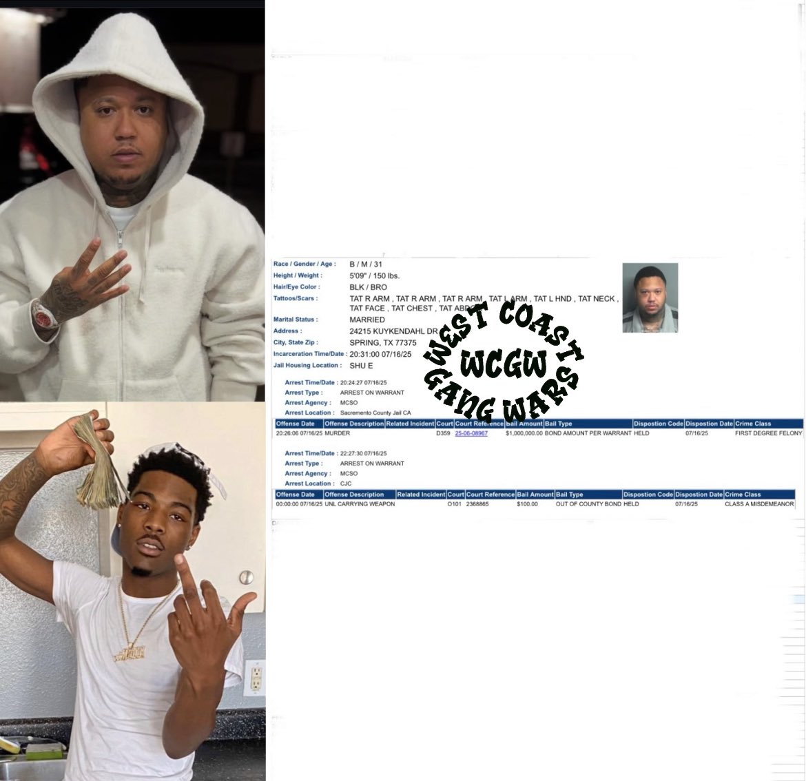WestCoastGangW's tweet image. Oak Park Blood/Mozzy member “Scruggs” has been taken into custody for the murder of rapper Shooter gang VJ that occurred in Houston. VJ was also a blood from Oak Park but from a rival clique.
Scruggs’ bail is set at a million dollars.
#WestCoastGangWars #Sacramento