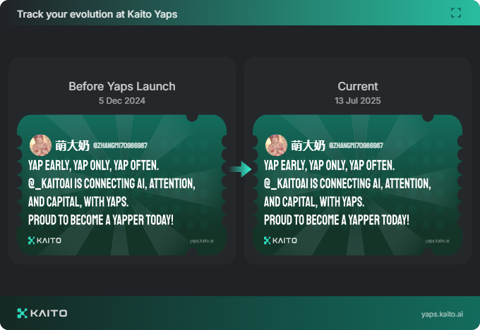 Yap early, yap only, yap often.

<a href="/KaitoAI/">Kaito AI 🌊</a> is connecting AI, attention and capital with Yaps.

Just claimed my social card and I'm accumulating Yap points in real-time.

Claim yours 👉 yaps.kaito.ai/referral/16570…