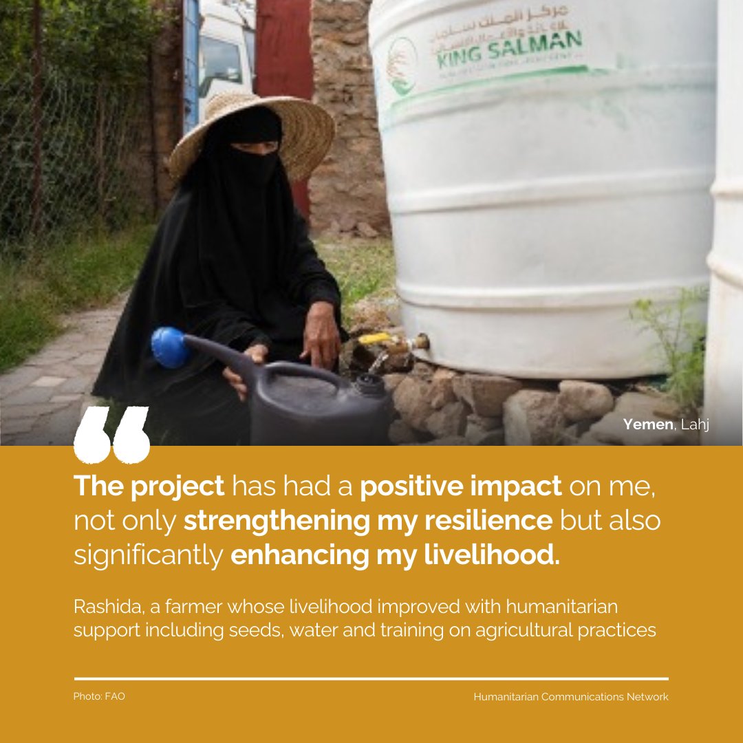 OCHAYemen's tweet image. Rashida is a displaced woman who finds herself the sole breadwinner of her family.
With @FAOYemen & @KSRelief_EN support, she now grows diverse crops, feeds her family & sells at the market.
Read her inspiring resilience story ➡️ gis.unocha.org/portal/apps/st…