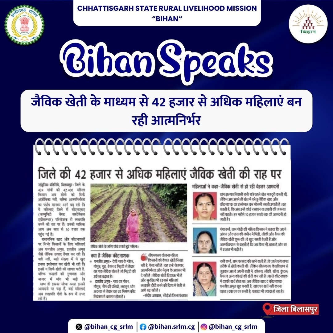 छत्तीसगढ़ राज्य ग्रामीण आजीविका मिशन बिहान से जुड़ी 42 हजार महिलाएं जैविक खेती के माध्यम से बन रहीं है आत्मनिर्भर। जैविक खेती के माध्यम से महिलाओं को हो रहीं है बेहतर आमदनी।