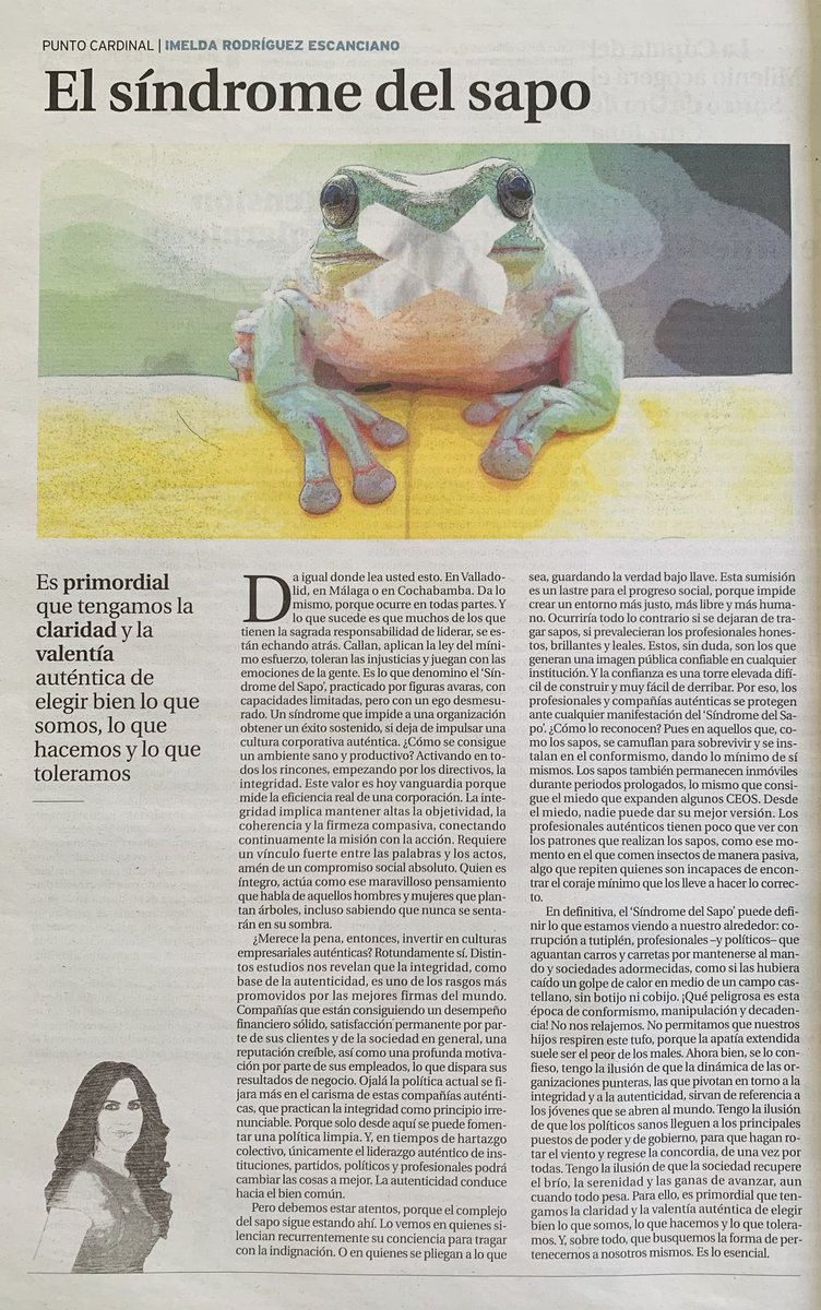 Tiene que parar ya el cinismo que vemos a diario. En la política, en la empresa y en tantas organizaciones. Un cinismo que está dañando a la gente. Urgen culturas corporativas auténticas. #Integridad en los que lideran. Porque el “Síndrome del Sapo”es un mal síntoma👇🏻

#Liderazgo