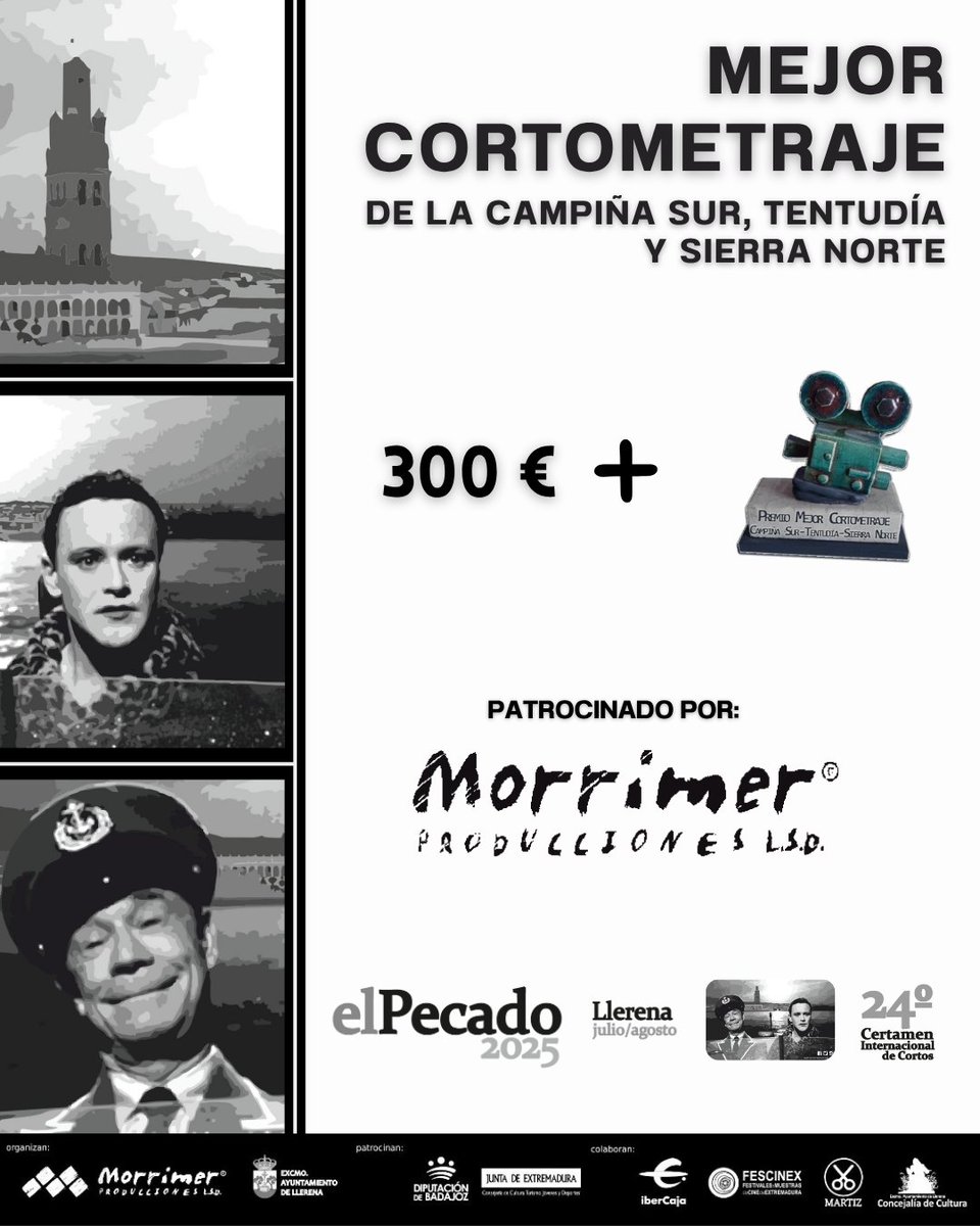🎬 Premio al Mejor Corto de la Campiña Sur, Tentudía y Sierra Norte – #ElPecado25
🏅 Estatuilla
💶 300 €
Un reconocimiento al cine que nace en nuestra tierra 🌄
¡Gracias por contar historias con identidad y orgullo local!
#Cortometrajes #CineLocal #Llerena #Cortos #Cultura