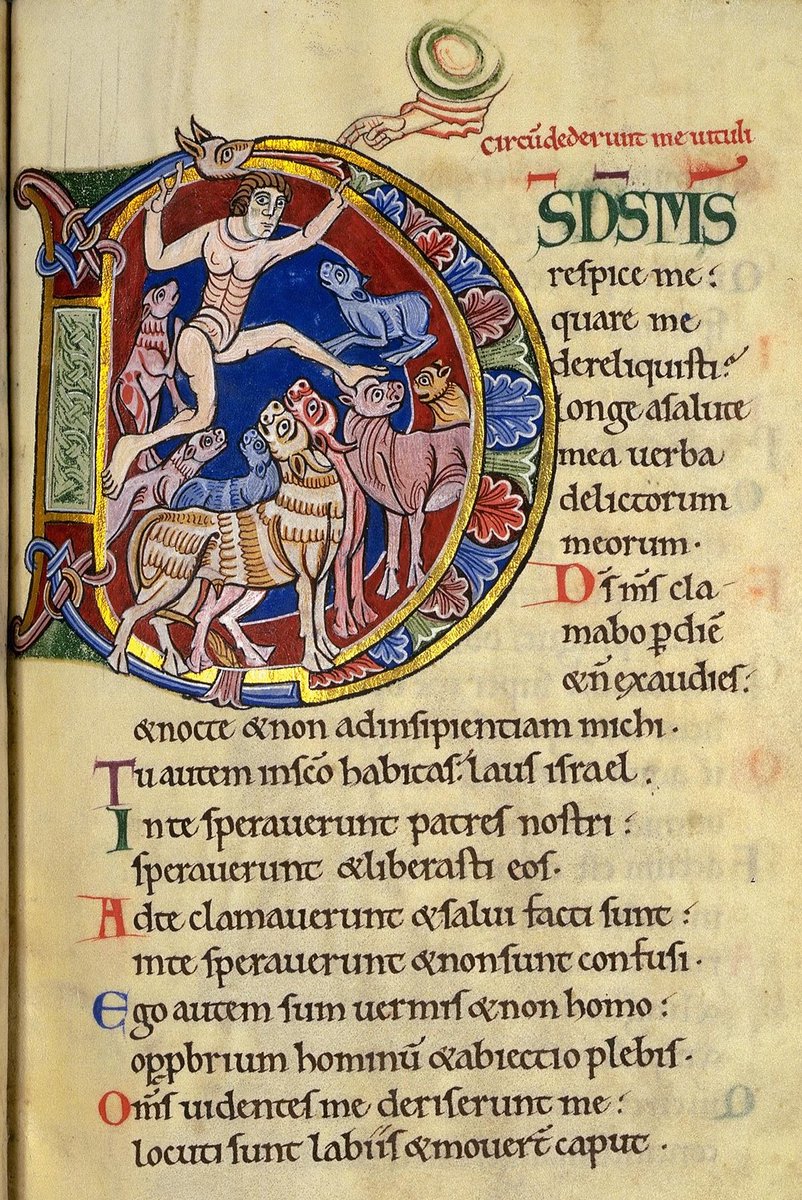 solas_na_greine's tweet image. Psalm 22:1-8 in the St. Albans Psalter, mid 12th century.
The first words of the Psalm in the Latin Vulgate are "Deus, Deus meus," abbreviated here as DS DS MS.