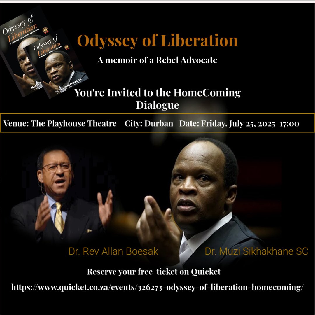 TSFoundation__'s tweet image. Catch @philadlozi_za at the Odyssey of Liberation Homecoming at the Playhouse Theatre in Durban on the 25th of July at 17:00(Friday).
Speakers:
Dr Muzi Sikhakhane SC
Dr Rev Allan Boesak
Book your free ticket before it’s too late
quicket.co.za/events/326273-…