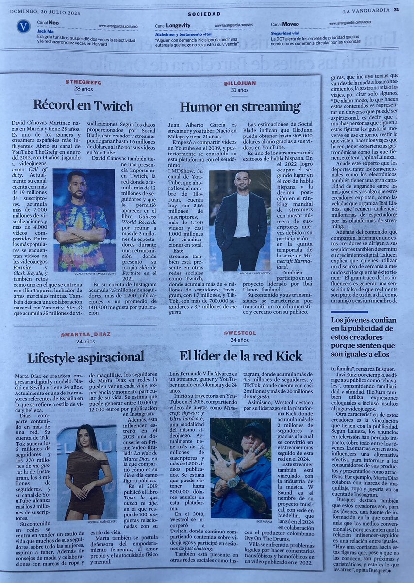 MandreuBcn's tweet image. No es pot entendre la nostra gent jove sense conèixer aquests noms i aquestes realitats d’influencers famosos i del món de la música llatina 
👉 lavanguardia.com/vivo/20250720/…
👉 lavanguardia.com/cultura/202507…