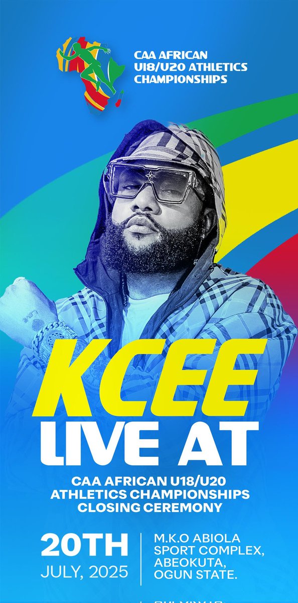 Today, KCEE will be performing live at the closing ceremony of the on going CAA African U18/U20 Athletics Championships at the MKO Abiola Sports Complex, Abeokuta.

#CAA2025 
#U20Athletics