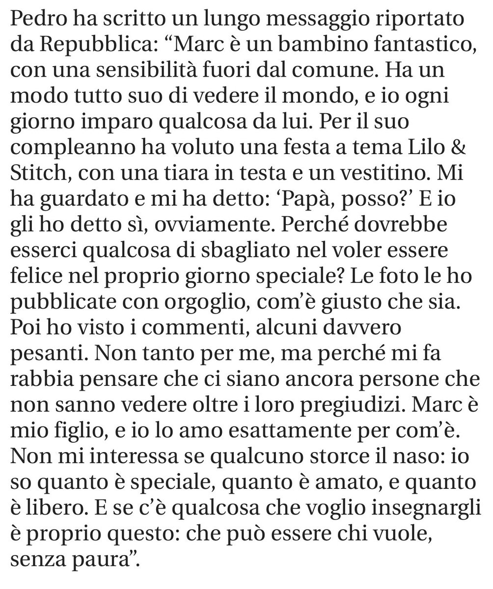 Il post del calciatore della Lazio #PedroRodriguez per celebrare il compleanno del figlio Marc è stato sommerso di insulti omofobi per l'abbigliamento del bambino.

La risposta è meravigliosa: “Se c'è qualcosa che voglio insegnargli è che può essere chi vuole, senza paura".

❤️🌈