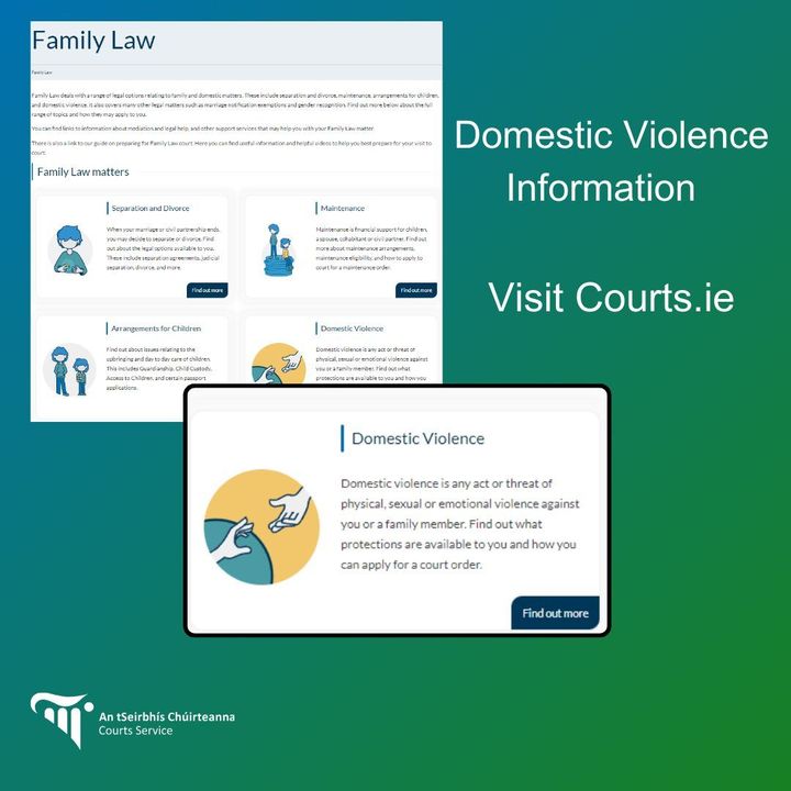 🆘 Are you a victim of Domestic Violence? For information on:

-How to apply for a Court Order
-Court Orders and Eligibility 
-Breaches of a Court Order 
-Support services available 

🌐Visit services.courts.ie/Family-Law/dom…