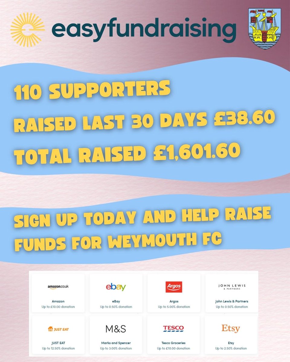 Weymouth FC (@theterras) on Twitter photo Weymouth FC is registered with <a href="/easyuk/">easyfundraising</a>. Over 8,000 retailers will donate to us for FREE every time you use <a href="/easyuk/">easyfundraising</a> to shop with them.
SIGN UP NOW tinyurl.com/2hte2um8 Weymouth FC is registered with <a href="/easyuk/">easyfundraising</a>. Over 8,000 retailers will donate to us for FREE every time you use <a href="/easyuk/">easyfundraising</a> to shop with them.
SIGN UP NOW tinyurl.com/2hte2um8