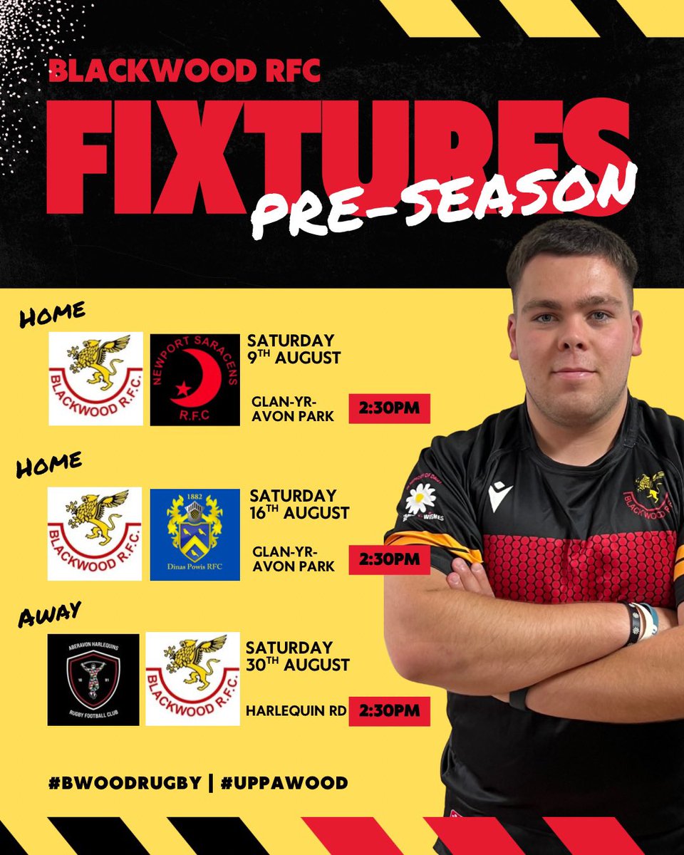 Blackwood RFC (@blackwood_rugby) on Twitter photo ๐๐๐-๐๐๐ผ๐๐๐ ๐๐๐๐๐๐๐๐
This August we face home ties against <a href="/NewportSarries/">Newport Saracens RFC</a> & <a href="/DinasPowysRFC/">Dinas Powys RFC</a> as well as a trip to <a href="/Aberavon_Quins/">Aberavon Quins RFC</a> at the end of the month! All as we continue to prepare for the Challenge of Division 1 East & the Division 1 Cup ๐
#OneWood ๐ฅ ๐๐๐-๐๐๐ผ๐๐๐ ๐๐๐๐๐๐๐๐
This August we face home ties against <a href="/NewportSarries/">Newport Saracens RFC</a> & <a href="/DinasPowysRFC/">Dinas Powys RFC</a> as well as a trip to <a href="/Aberavon_Quins/">Aberavon Quins RFC</a> at the end of the month! All as we continue to prepare for the Challenge of Division 1 East & the Division 1 Cup ๐
#OneWood ๐ฅ