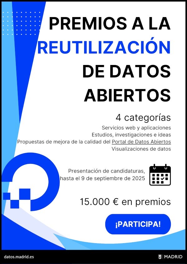 🏆 ¿Tienes un proyecto que reutiliza datos abiertos del Ayuntamiento de Madrid?
📆Presenta tu propuesta hasta el 9 de septiembre 
💰15.000 € en premios
👉 Apps, estudios, visualizaciones o mejoras del portal

 ✍️informate.madrid.es/pf78k16