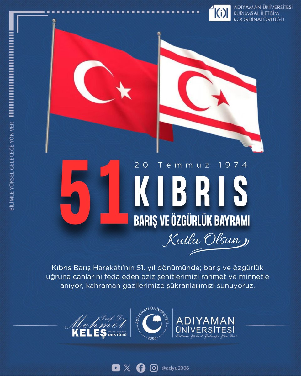 🇹🇷 Kıbrıs Barış Harekâtı’nın 51. yıl dönümünde; barış ve özgürlük uğruna canlarını feda eden aziz şehitlerimizi rahmet ve minnetle anıyor, kahraman gazilerimize şükranlarımızı sunuyoruz.

#kıbrısbarışharekatı