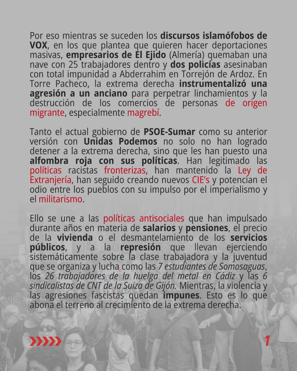 CRTorg's tweet image. 🔴 Comunicado unitario contra las cacerías racistas impulsadas por la extrema derecha en Torre Pacheco. Una estrategia contra la población migrante y un racismo estructural que tenemos que combatir el conjunto de la clase trabajadora desde la movilización y la lucha.