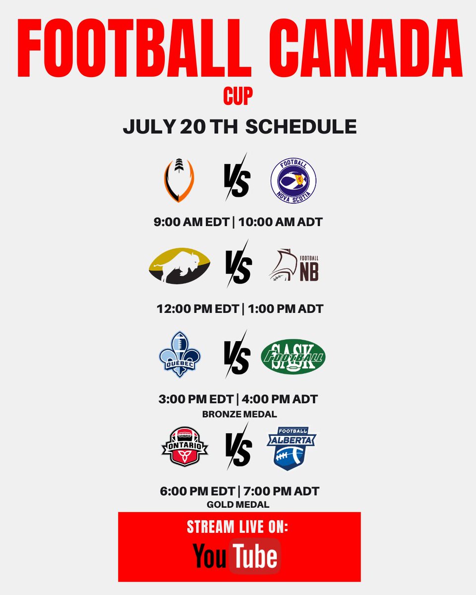 Football Canada Cup Championship Day is officially here.

It all comes down to this.

Catch every snap live on Football Canada’s YouTube. ➡️tinyurl.com/bdd5t6kw