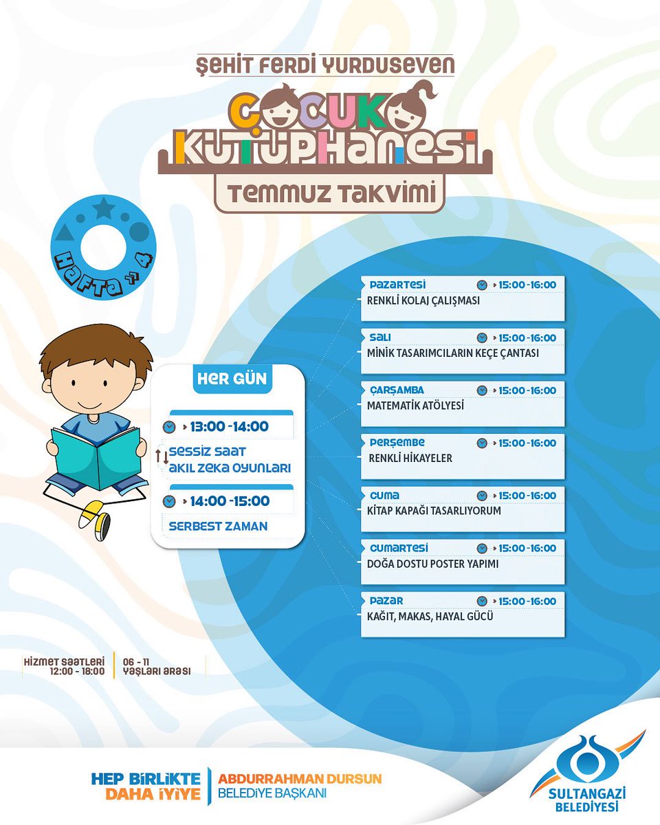 Çocuk Kütüphanesi Etkinliklerimize 6-11 yaş arası tüm miniklerimiz davetlidir. 😊📚

Kayıt İçin ⤵️
📍 Şehit Ferdi Yurduseven Çocuk Kütüphanesi / İsmetpaşa Mahallesi
