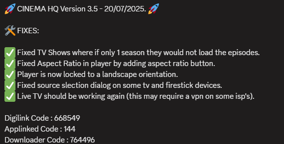 Inside_4ndroid's tweet image. 📢📢 Cinema HQ v3.5 - UPDATE📢📢

See pic for details.

Digilink Code : 668549
Applinked Code : 144
Downloader Code : 764496
Discord : discord.com/invite/6UwYaXG…
GitHub : github.com/Inside4ndroid/…

PLEASE SPREAD THE WORD THAT CINEMA HQ IS AWSOME!! 🔥🔥

 💜💜LIKE &amp;amp; TELL EVERYONE 💜💜