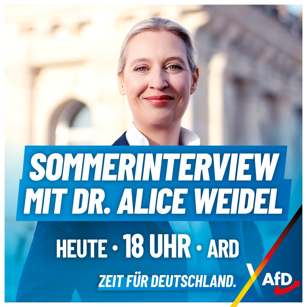 AfD's tweet image. Das große Sommerinterview mit AfD-Bundessprecherin Dr. Alice Weidel. Heute, 18 Uhr, ARD. Einschalten!