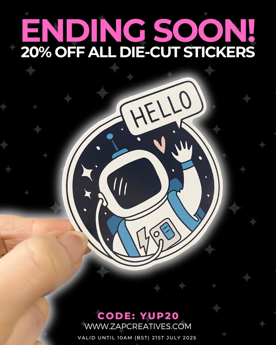 ZapCreatives's tweet image. Don&apos;t miss out, this offer ends 10am (BST) tomorrow - Get 20% off ALL die-cut stickers! Code: YUP20