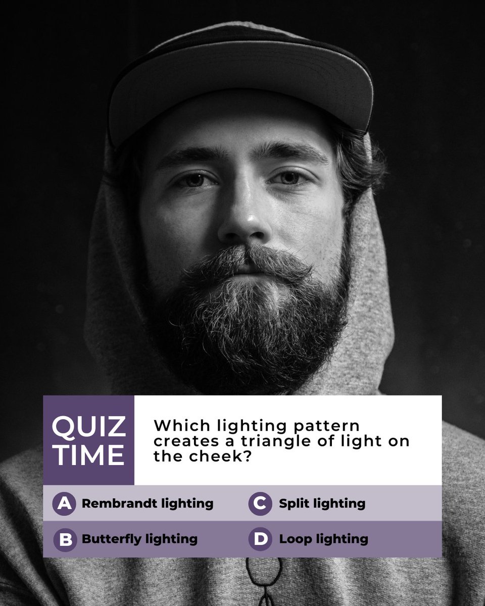 dcwarehouse's tweet photo. 💡 Which lighting pattern creates a triangle of light on the cheek?⁠
⁠
A) Rembrandt
B) Butterfly
C) Split
D) Loop
⁠
👇 Drop your guess!⁠
⁠
🔙 Last week’s answer: B) ProPhoto RGB – widest colour gamut!⁠
⁠
#PhotoTrivia #Lighting #Photography https://t.co/umIaT7jRuJ