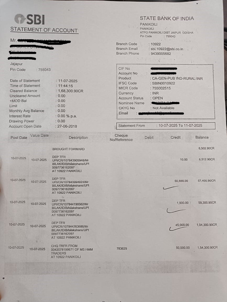 manojben10's tweet image. 10 जुलाई को एक customer ने मेरे SBI अकाउंट में ₹97,798 ट्रांसफर किया, मैंने उसे कैश दिया (CSC प्रक्रिया के अनुसार)। उसी शाम मेरा अकाउंट freeze हो गया। मैंने cybercrime complaint दर्ज की है। कृपया मदद करें 🙏
@Cyberdost @SBICustomerCare #SBIHelp #CyberFraud #UPI