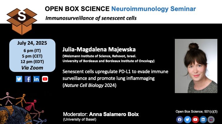 OpenBoxSci's tweet image. 🔬 OBS Neuroimmunology Seminar
Immunosurveillance of senescent cells in aging
🗣️ Julia-Magdalena Majewska
@JuliaMMagdalena
🗓️ Thu, July 24th, 12 pm EDT, 5 pm CET, 6 pm IT
👇us02web.zoom.us/meeting/regist…
nature.com/articles/s4155…