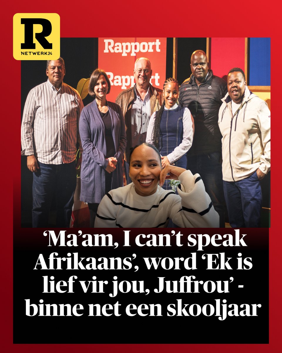 RapportSA's tweet image. Net in Suid-Afrika kan jy grootword met die idee dat Engels “swaar is om te praat” en dan eindig jy voor ’n klas waar jy Engelse liedjies gebruik om Afrikaans te leer vir kinders wat vyf verskillende tale praat teen die ouderdom van 10.