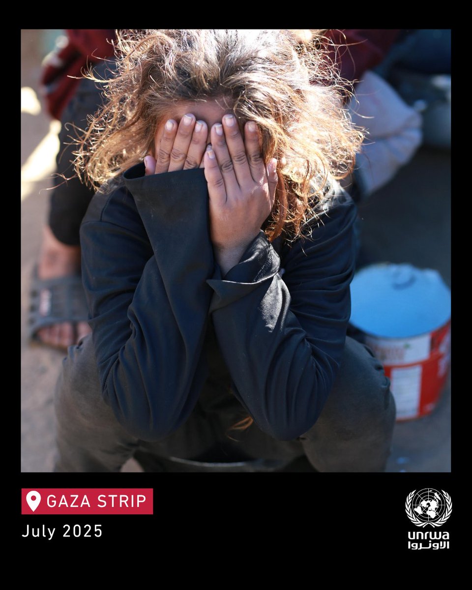 UNRWA's tweet image. Crowds of starving men, women, and children in #Gaza wait for little food.
Some people go for days without eating.
UNRWA has not been able to bring in any food for over four months.
Lift the siege.