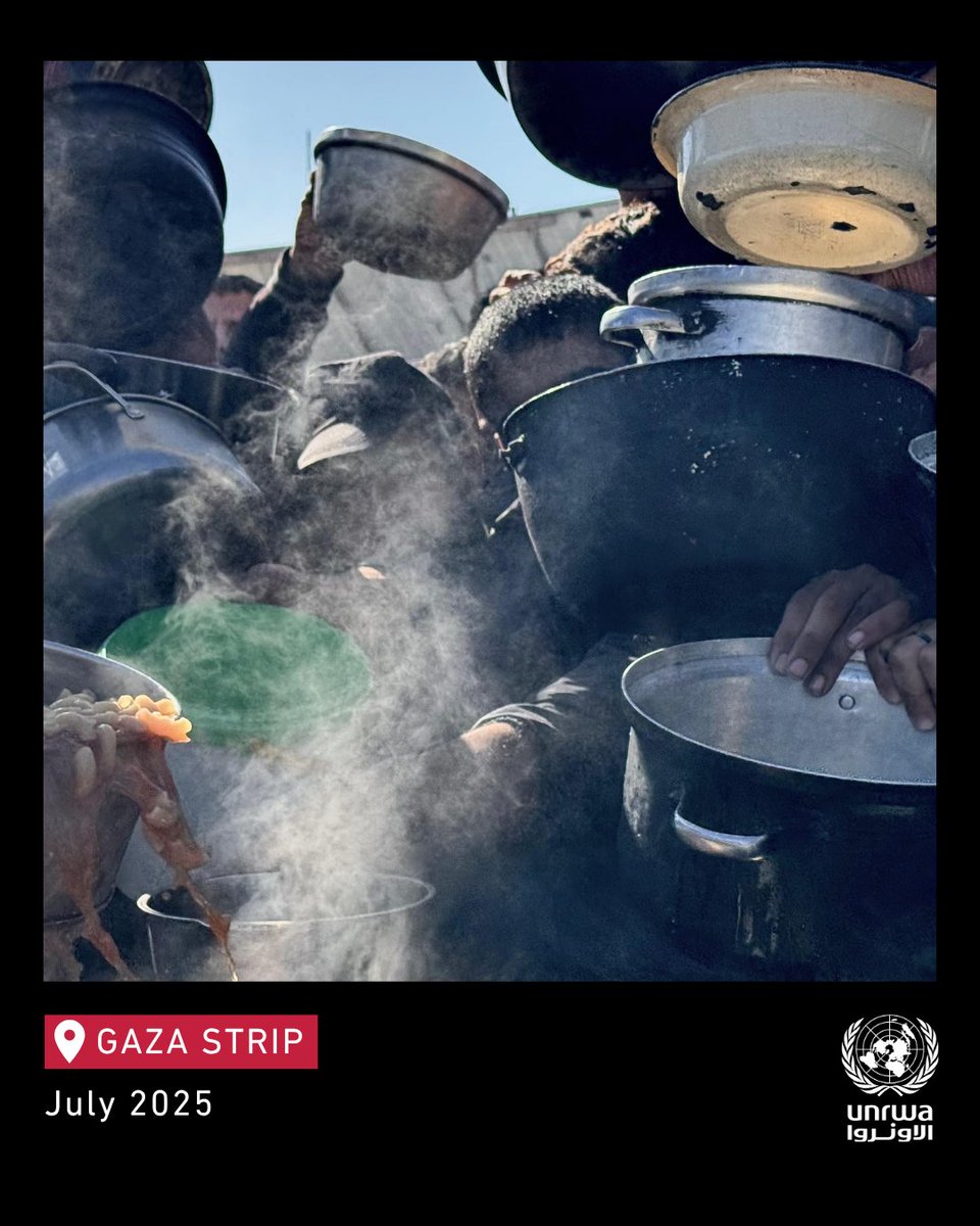 UNRWA's tweet image. Crowds of starving men, women, and children in #Gaza wait for little food.
Some people go for days without eating.
UNRWA has not been able to bring in any food for over four months.
Lift the siege.