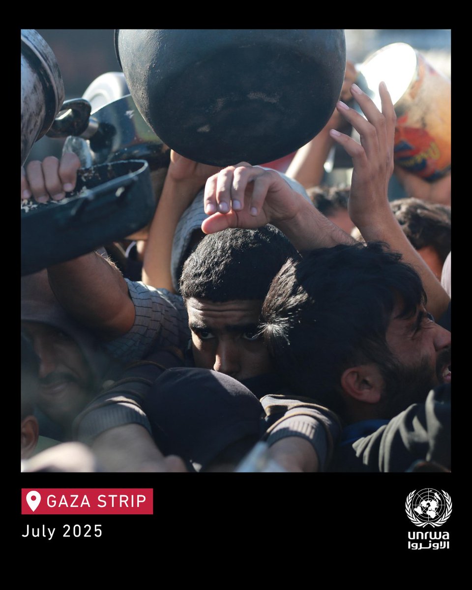 UNRWA's tweet image. Crowds of starving men, women, and children in #Gaza wait for little food.
Some people go for days without eating.
UNRWA has not been able to bring in any food for over four months.
Lift the siege.