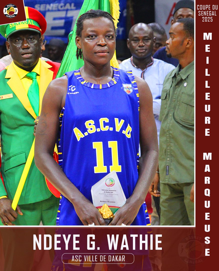 Basket_Senegal's tweet image. #coupedusenegal Dames🏀
🔶Meilleure Passeuse : Aminata Ndong (ASCVD)
🔶Meilleure Marqueuse : Ndeye Gnagna Wathie (ASCVD)
🔶Meilleure Rebondeuse : Maïmouna Diarra (ASCVD)
🔶 MVP : Ndeye Gnagna Wathie (ASCVD)
🔶 Fair-play : Laurence Sabine Diedhiou (DUC)
#basketsenegal #ascvd #duc