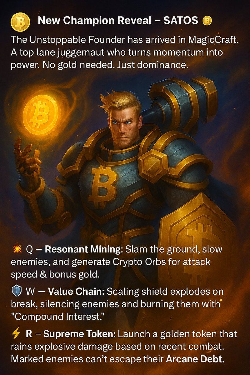 laymonth's tweet photo. @MagicCraftGame 🪙 New Champion Reveal – SATOS 🪙
The Unstoppable Founder has arrived in MagicCraft.
Role: Initiator / Punisher of errors
💰 More damage = more chaos.
RT if you're ready to invest in destruction.
#MagicCraft #MOBA #NewChampion #CryptoFantasy #Satos https://t.co/Yl71Yh4GEx