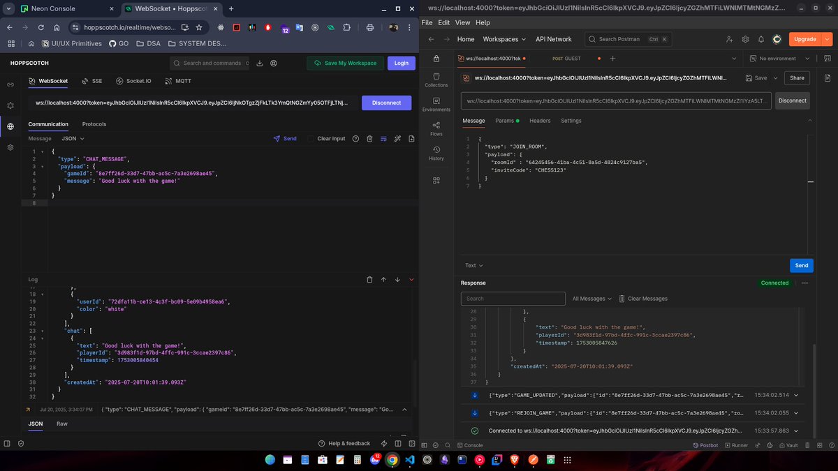ruprax's tweet image. just crushed the backend testing for my chess app 💪

✨ auth flows? locked in 
🔥 websockets? butter smooth   
⚡ real-time moves? done
💬 chat system? chef&apos;s kiss 

 frontend time baby! let&apos;s goooo 🚀  

#BuildInPublic #ChessApp