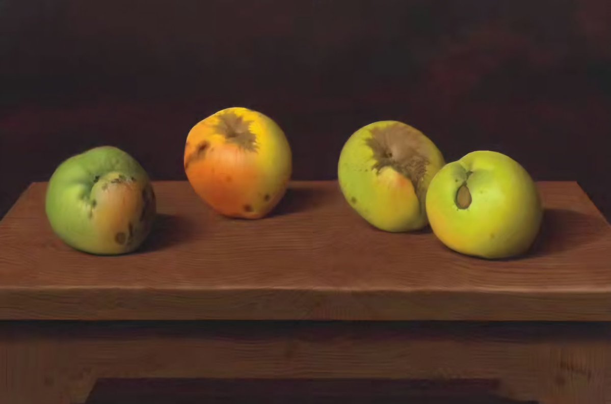 ahistoryinart's tweet image. 'Apples on a Table.' (1953) Tristram Hiller painted still-lifes throughout his career always preferring to paint (in tempera) objects which he said showed character - 'who wants to paint a boring apple or a blemish free pear? I prefer my fruit to be bruised; maggots are a bonus.'