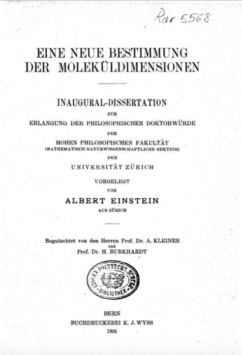 NobelPrize's tweet image. Albert Einstein presented his dissertation #OnThisDay in 1905 at the University of Zurich.
Read Einstein's doctoral thesis in German: bit.ly/2Nhm8DV
An English translation: bit.ly/2z2pDeq