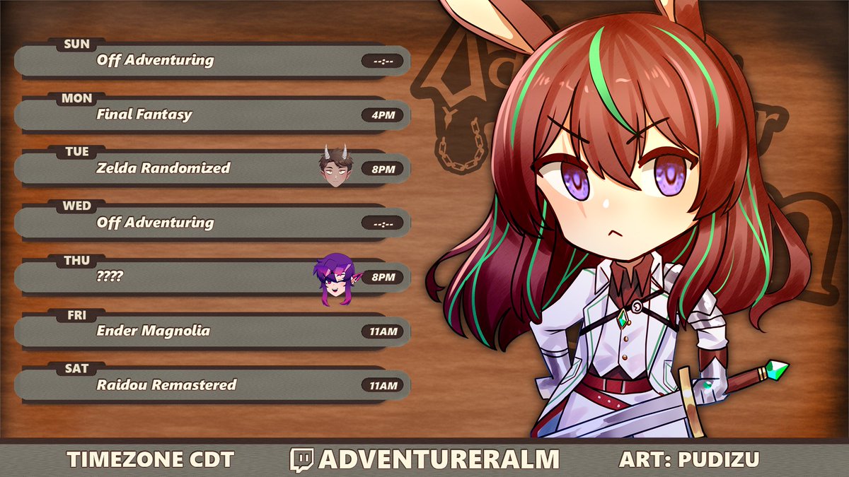 This week's schedule is now live!

Some things are subject to possible change, and I will update the schedule as is necessary. But - for now - this is the plan.

| #VTuber #PunBrigade
| twitch.tv/AdventurerAlm