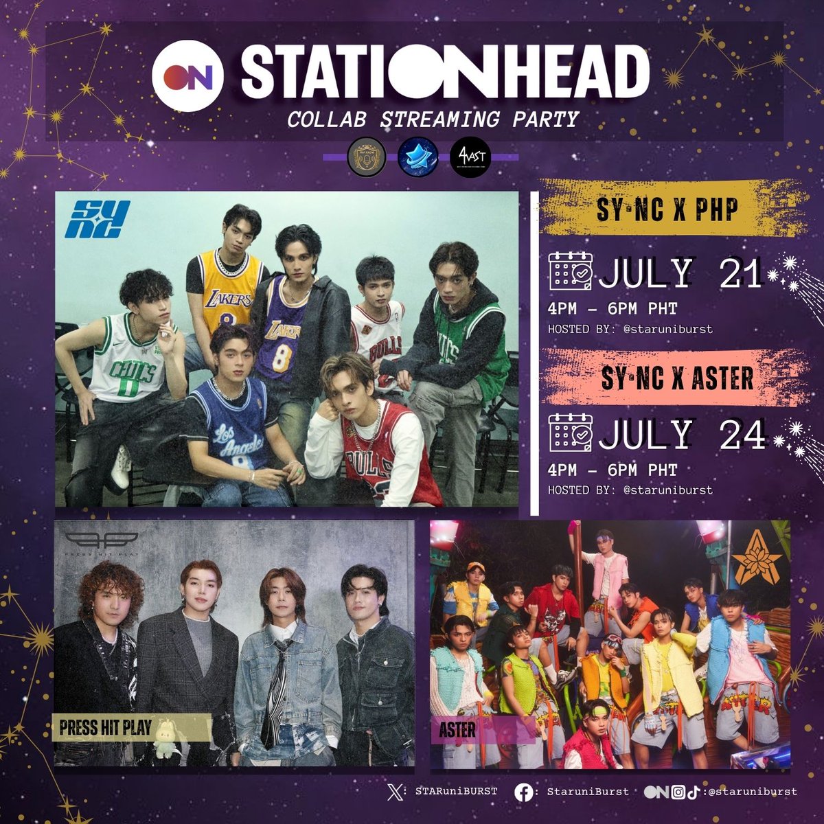 [📻] STARBURST 💫

We are now on the second half of this month and a special week for STARBURST 🤭💜 Take a look &amp; marked your calendar for this week's collab streaming 🎶

4PM-6PM PHT
🗓 JULY 21 - Press Hit Play
🗓 JULY 24 - ASTER
hosted by: staruniburst

📲 Click to JOIN the