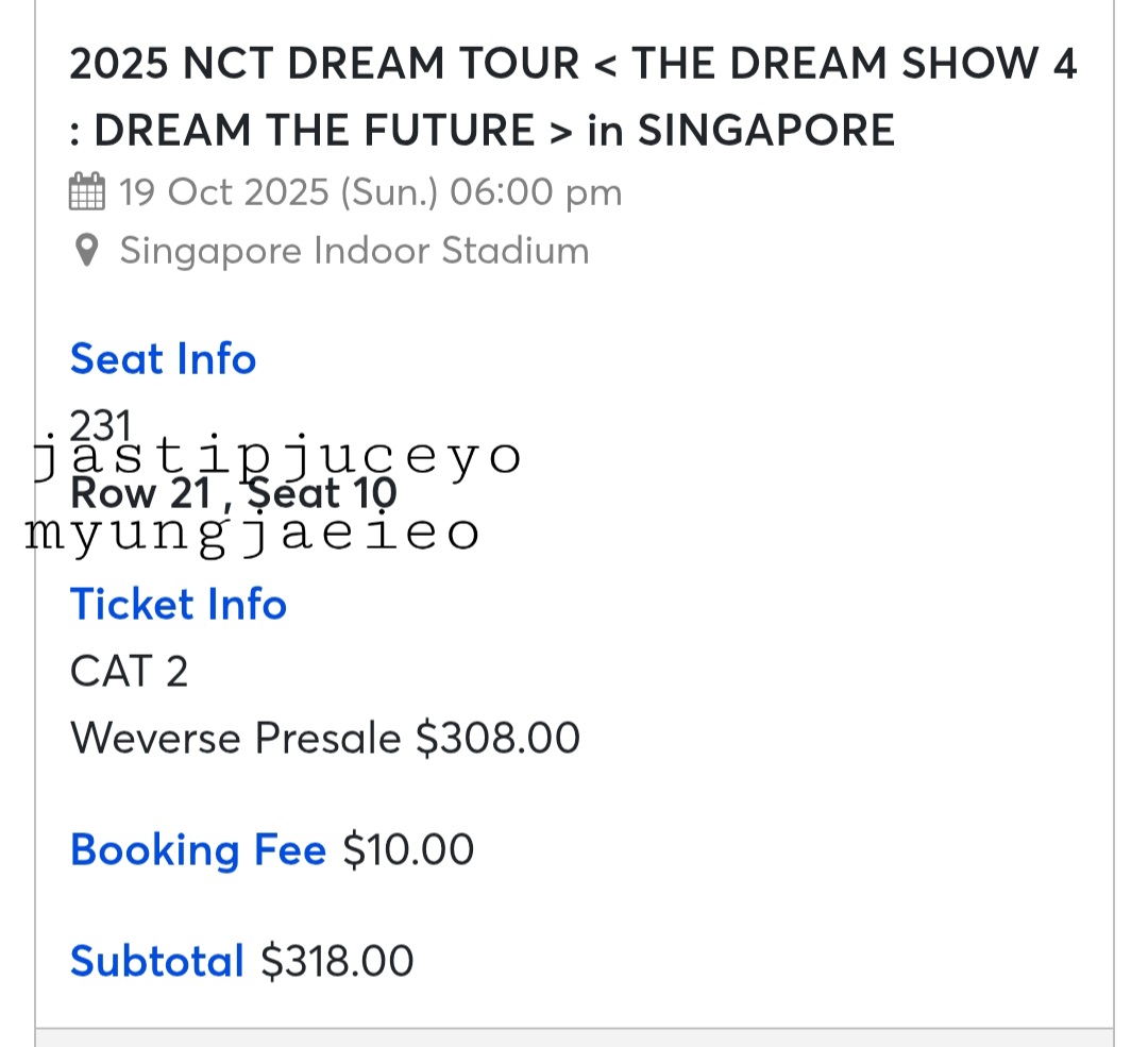 myungjaeieo's tweet photo. wts want to sell THE DREAM SHOW TDS 4 SG SINGAPORE 

SECTION 231 ROW 21 SEAT 10 (1 TIX) DAY 2

✔ TIX ONLY Rp 4.500.000
✔ Bundle hotel sharing Rp 5.200.000
part of @JastipJuceyo check instagram or x for testimony

✔ foreigner buyer
✔ down payment
✔ together enter available https://t.co/BlQsgywPMr