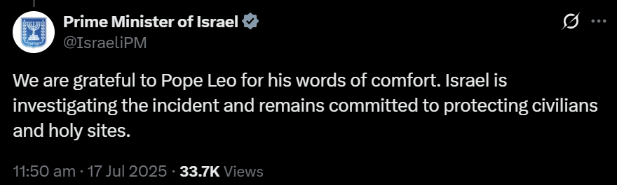 lilywinterwood's tweet image. in today's angelus not only did pope leo call it an isr*eli attack, he also named the three victims of said attack, condemned the attacks on civilians as barbaric acts of war, appealed for peace, and asked the int'l comm. to defend humanitarian law and hold isr*el accountable.