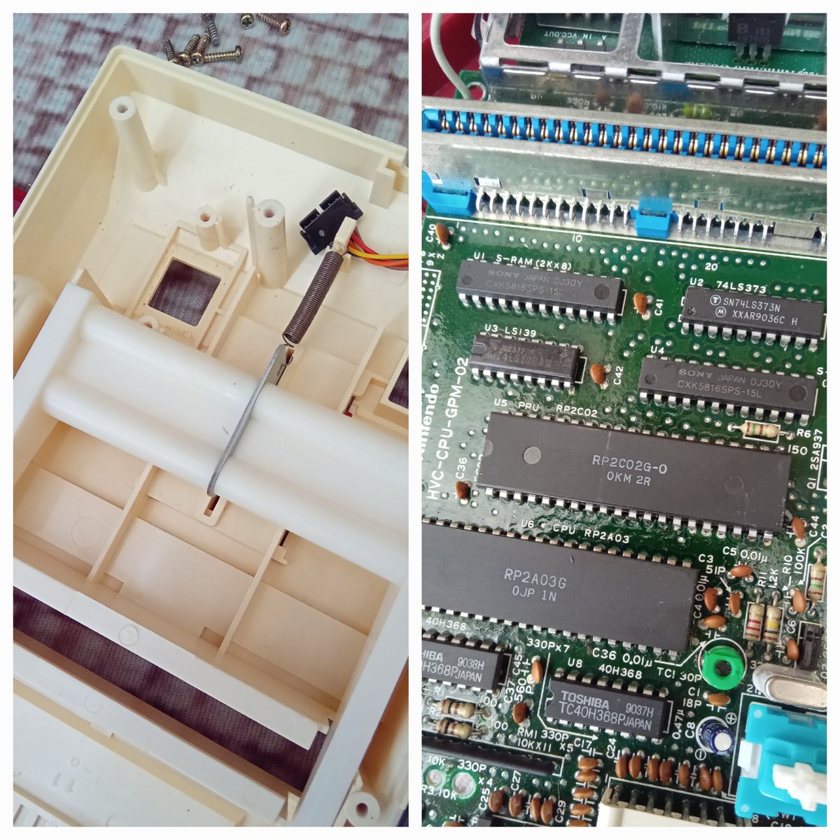 AdamT117's tweet photo. Glad i did a check fit. Socketing the PPU is a no go even with low profile sockets. The reset slide mechanism on the famicom has very little clearance to the ICs.Lets hope the PPU is fine after the refit and digitizer install next, as I don't fancy desoldering again. 🤞 https://t.co/8zI4NZwtGC