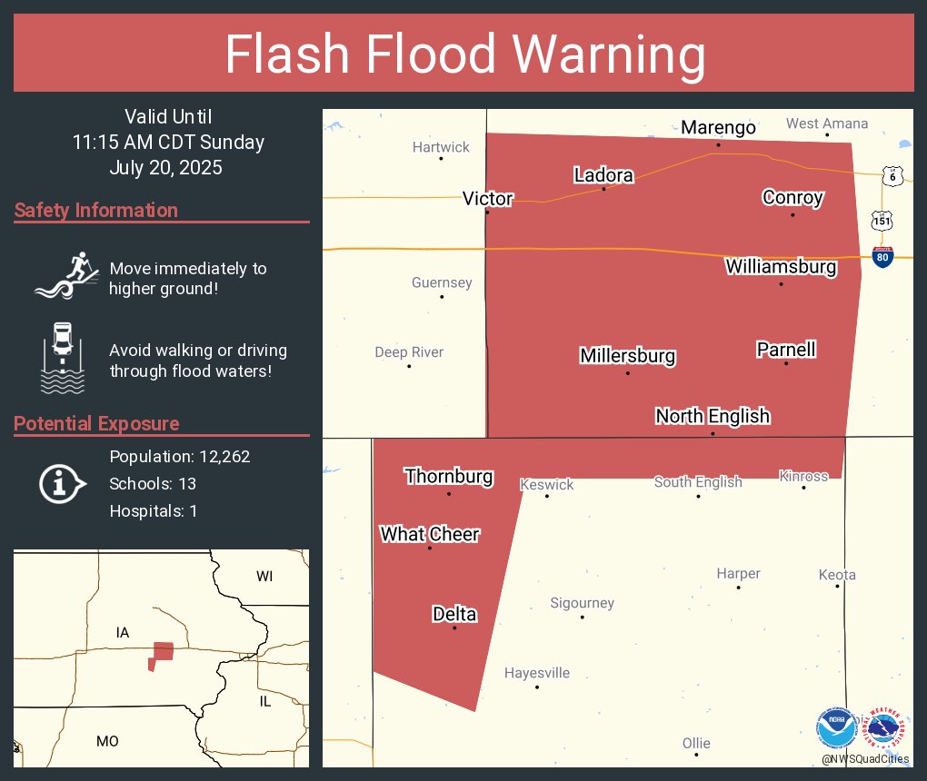 NWSQuadCities's tweet image. Flash Flood Warning including Williamsburg IA, Marengo IA and North English IA until 11:15 AM CDT